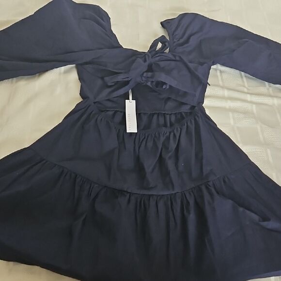 Adelyn Rae Navy BlueCotton Puff Sleeve A-line Dress - Picture 15 of 16